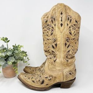Corral Vintage Saddle Brush Inlay Leather Cowboy Boots